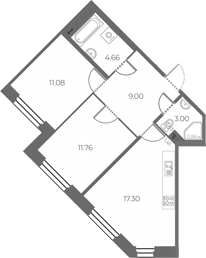 2-комнатная квартира 56.8 м², 2/18 эт., ЖК «Огни Залива»